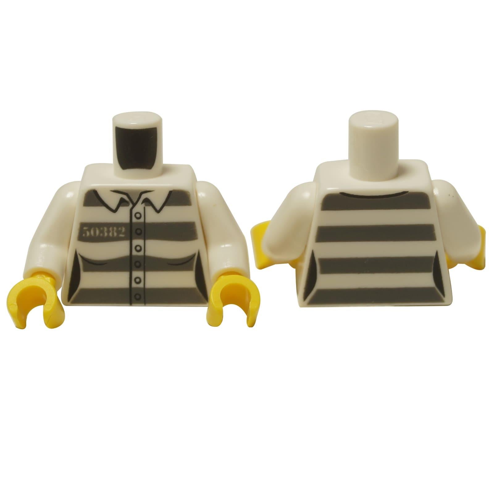 LEGO® City Female Prisoner Torso (973pb3396c01), showing the front and back of the white and dark bluish gray striped prison uniform.