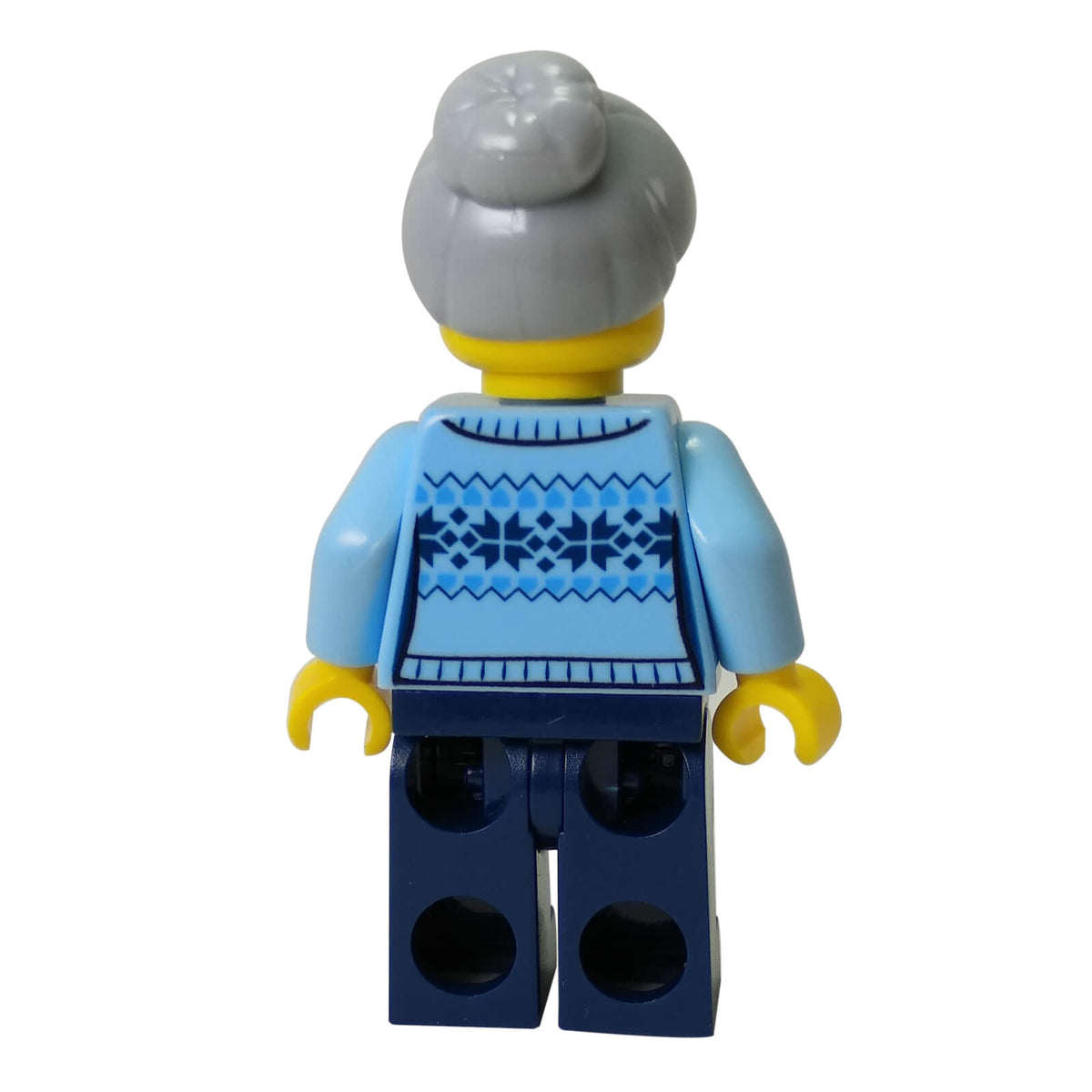 LEGO® City Grandmother minifigure hol106 with Fair Isle sweater, glasses and top-knot hair - backside