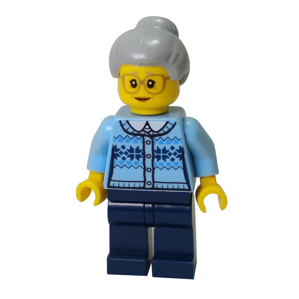 LEGO® City Grandmother minifigure hol106 with Fair Isle sweater, glasses and top-knot hair
