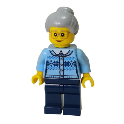LEGO® City Grandmother minifigure hol106 with Fair Isle sweater, glasses and top-knot hair
