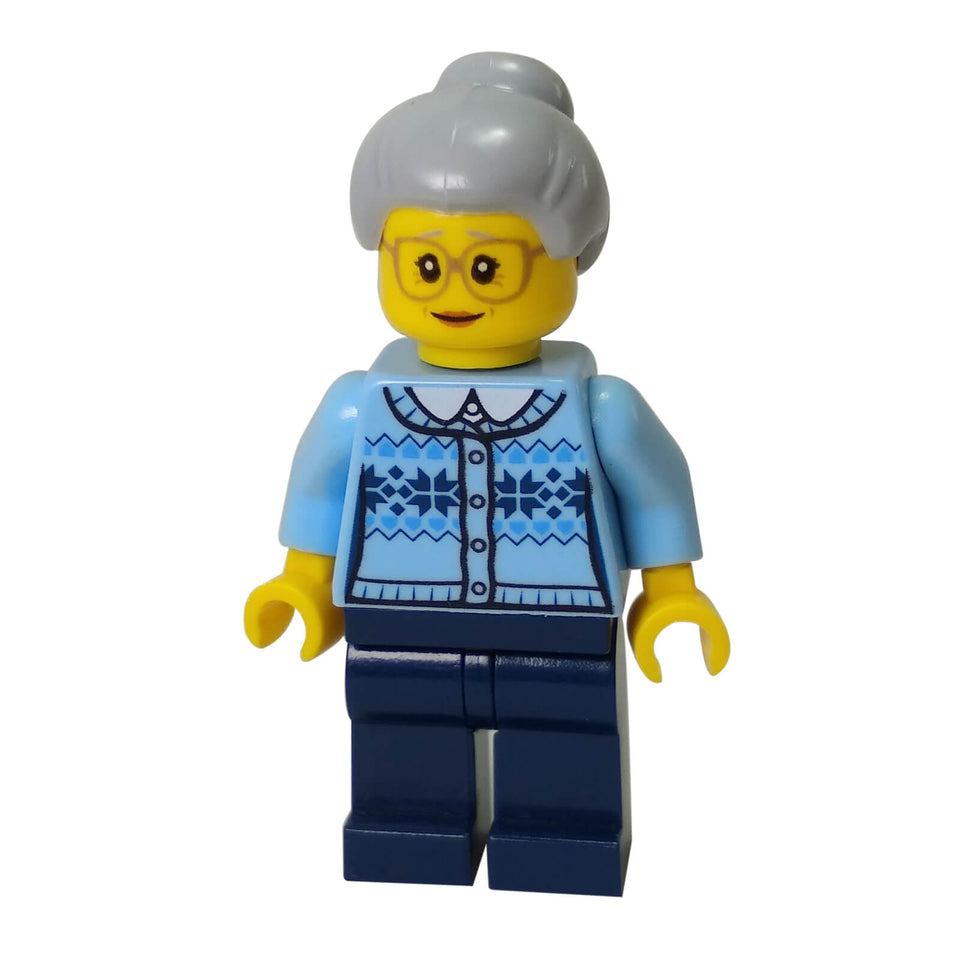 LEGO® City Grandmother minifigure hol106 with Fair Isle sweater, glasses and top-knot hair
