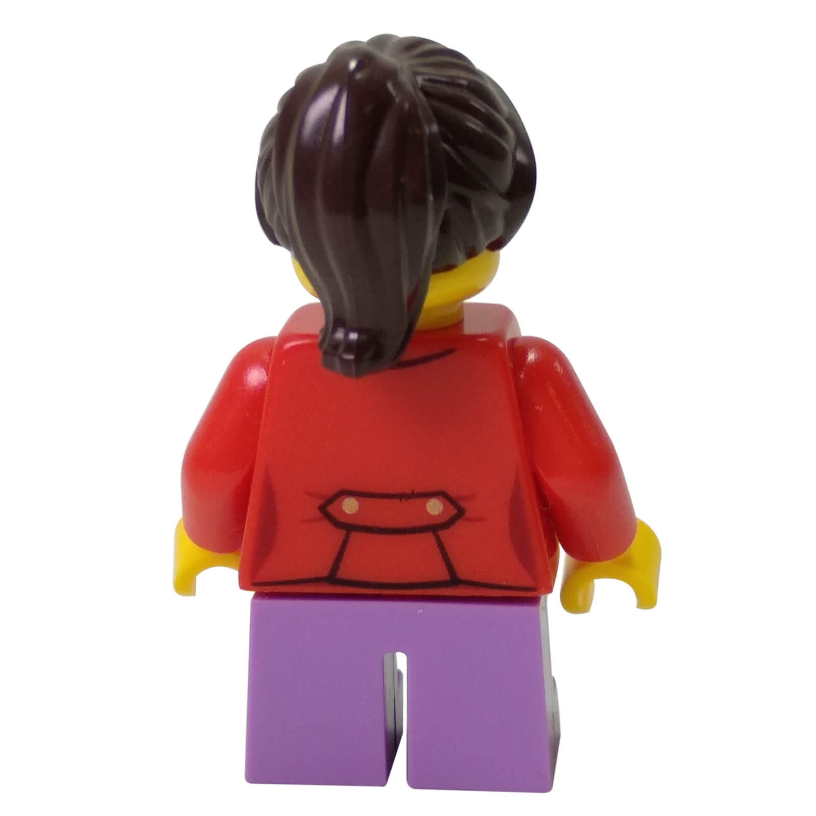 LEGO City kid minifigure twn250 red jacket lavender legs, back profile