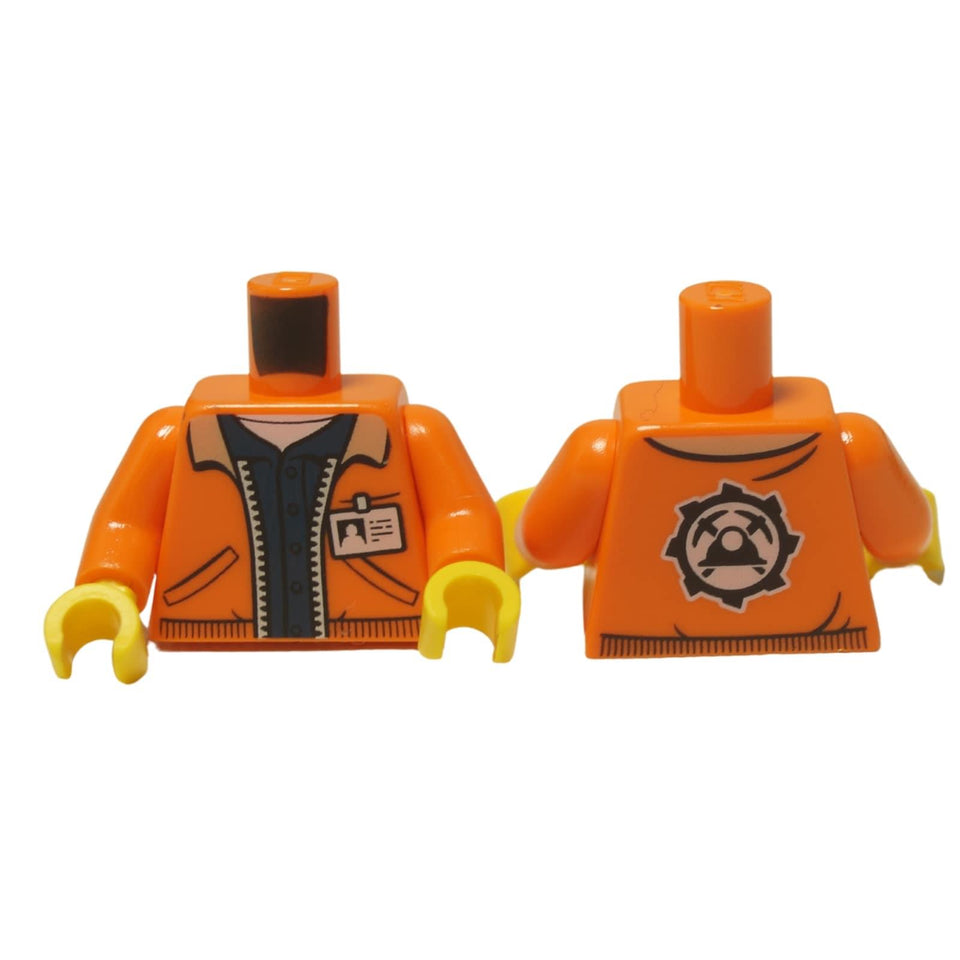 LEGO® City Miner / Geologist Torso (973pb2920c01), showing the front of the orange jacket with ID badge and the Miners logo on the back.
