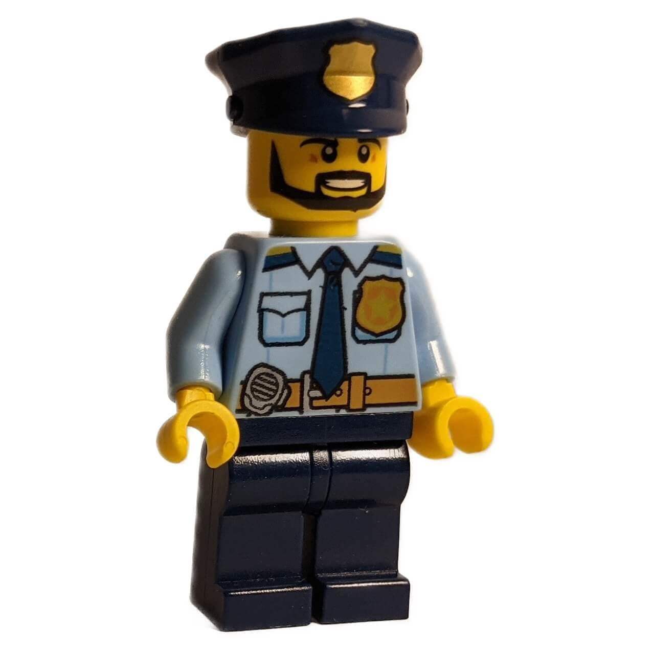 LEGO police officer minifigure cty708 with black beard and gold badge.