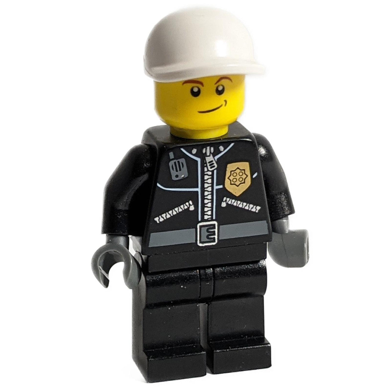 LEGO City Police minifigure cty0231 in black leather jacket and white cap.