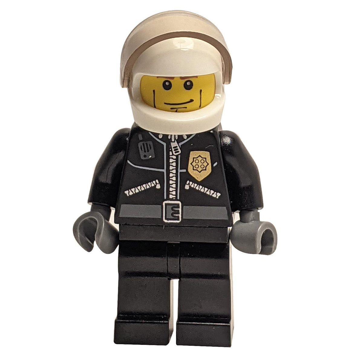 LEGO Police Officer cty0230 in leather jacket, gold badge, and white helmet