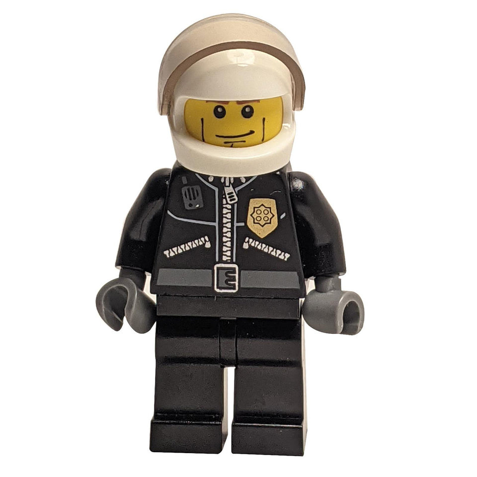 LEGO Police Officer cty0230 in leather jacket, gold badge, and white helmet