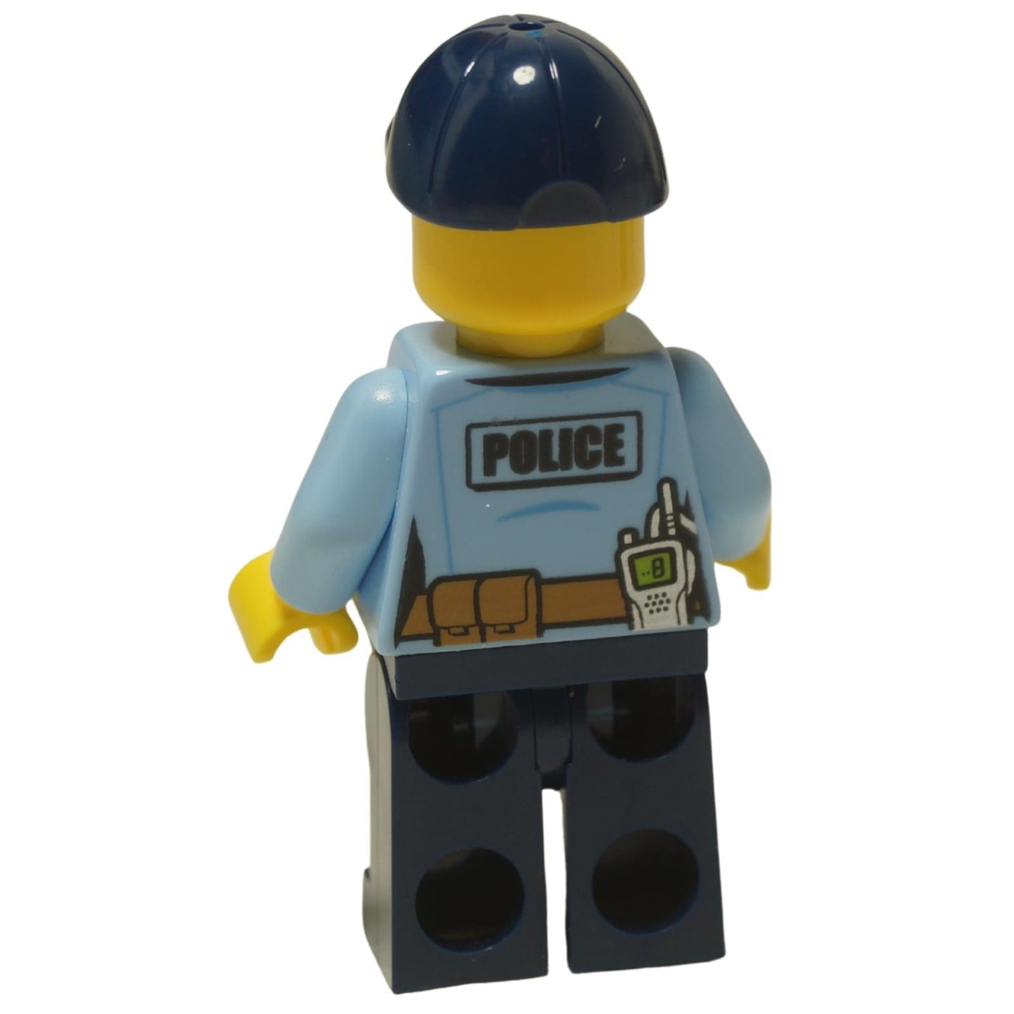 LEGO® City Police Officer minifigure (cty0616) wearing a light blue jacket and dark blue cap, with a determined expression and a scar on his cheek. Back view.