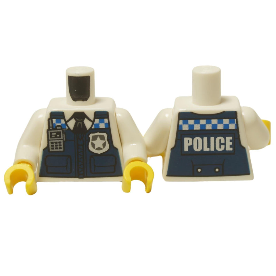 LEGO® City Police Torso (973pb4195c01), showing the front of the dark blue tactical vest with a badge and the back with 'POLICE' text.
