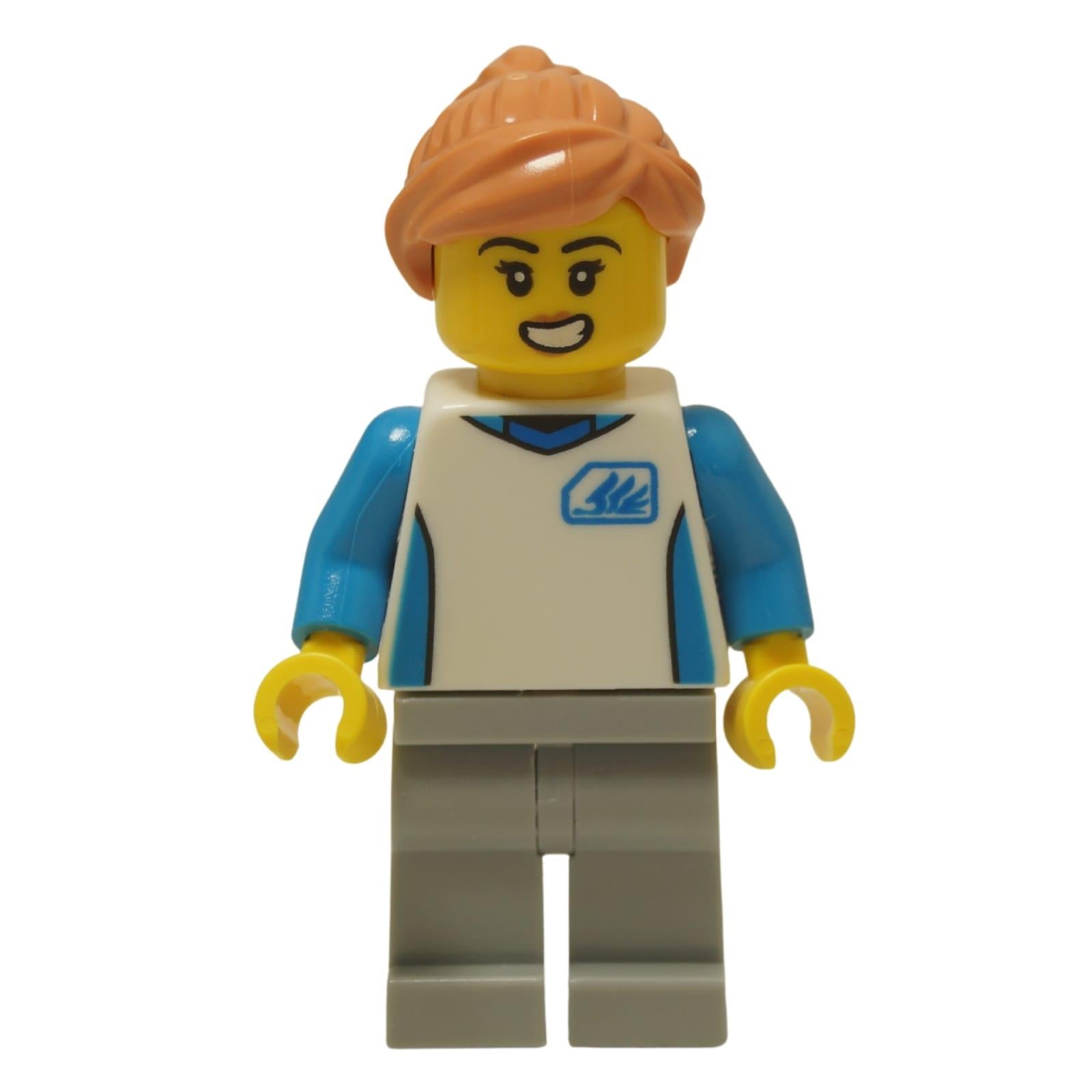 LEGO® City Robot World Attendant female minifigure (cty1803) wearing her park uniform with a blue logo and nougat-colored hair.