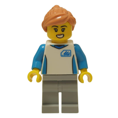 LEGO® City Robot World Attendant female minifigure (cty1803) wearing her park uniform with a blue logo and nougat-colored hair.