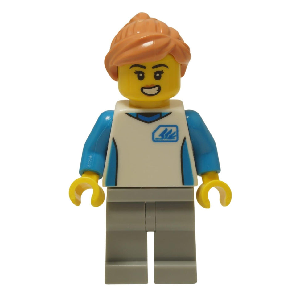 LEGO® City Robot World Attendant female minifigure (cty1803) wearing her park uniform with a blue logo and nougat-colored hair.