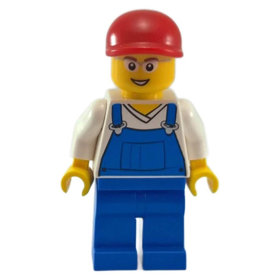 LEGO® City Technician minifigure (cty0178) from set 3221 Truck, wearing blue overalls, white shirt, red cap, and smiling face.