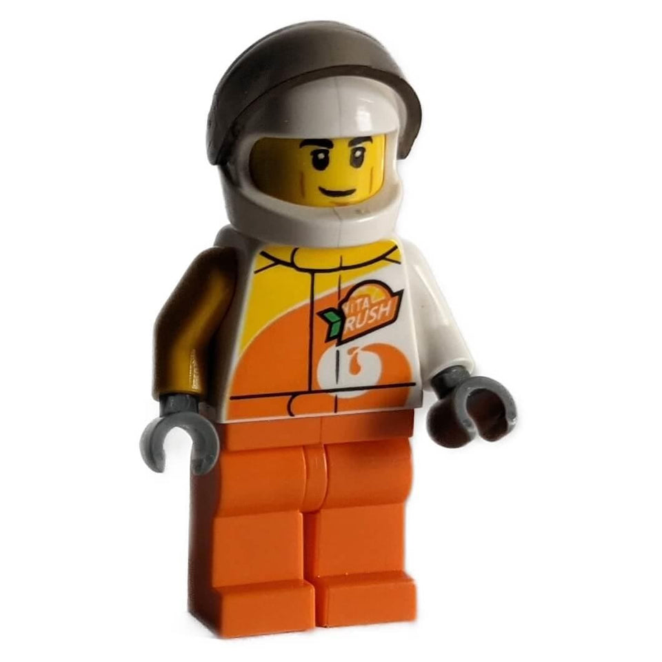 LEGO® 시티 비타 러시 사막 랠리 레이서 미니피규어 (cty0983a) 오렌지와 흰색의 레이싱 슈트와 흰색 헬멧을 착용하고 있습니다.