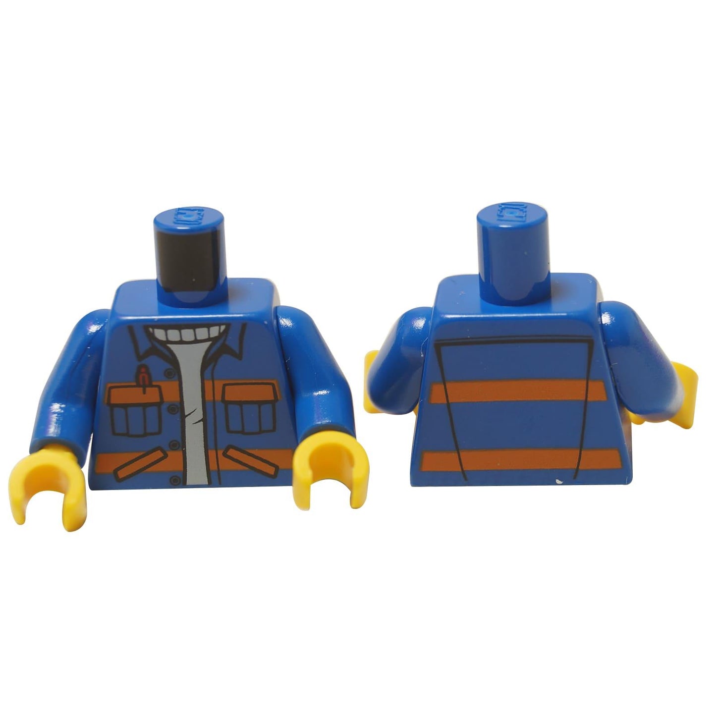 LEGO® City worker torso (973pb0551c01), showing the front and back of a blue jacket with printed orange safety stripes and pockets.