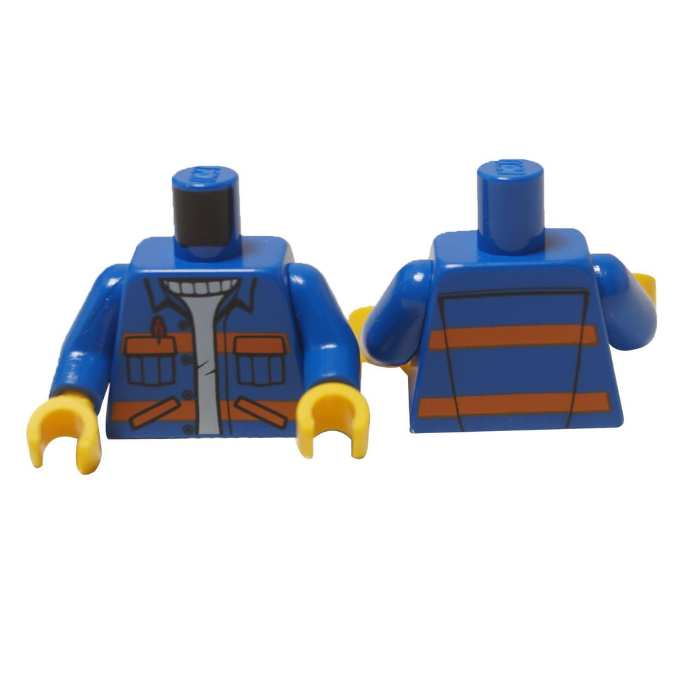 LEGO® City worker torso (973pb3100c01), showing the front and back of a blue jacket with printed orange safety stripes and pockets.