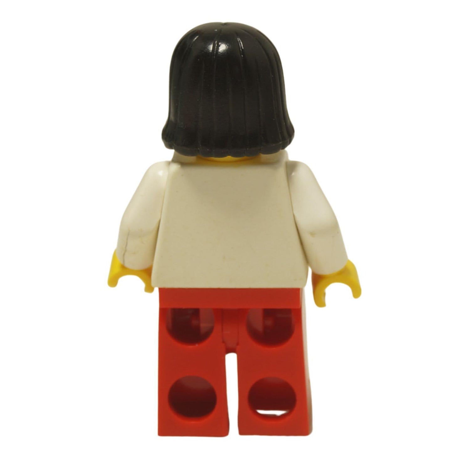  LEGO® Classic Airport female worker minifigure (air011) with the iconic striped airplane logo shirt and black hair. Back View.