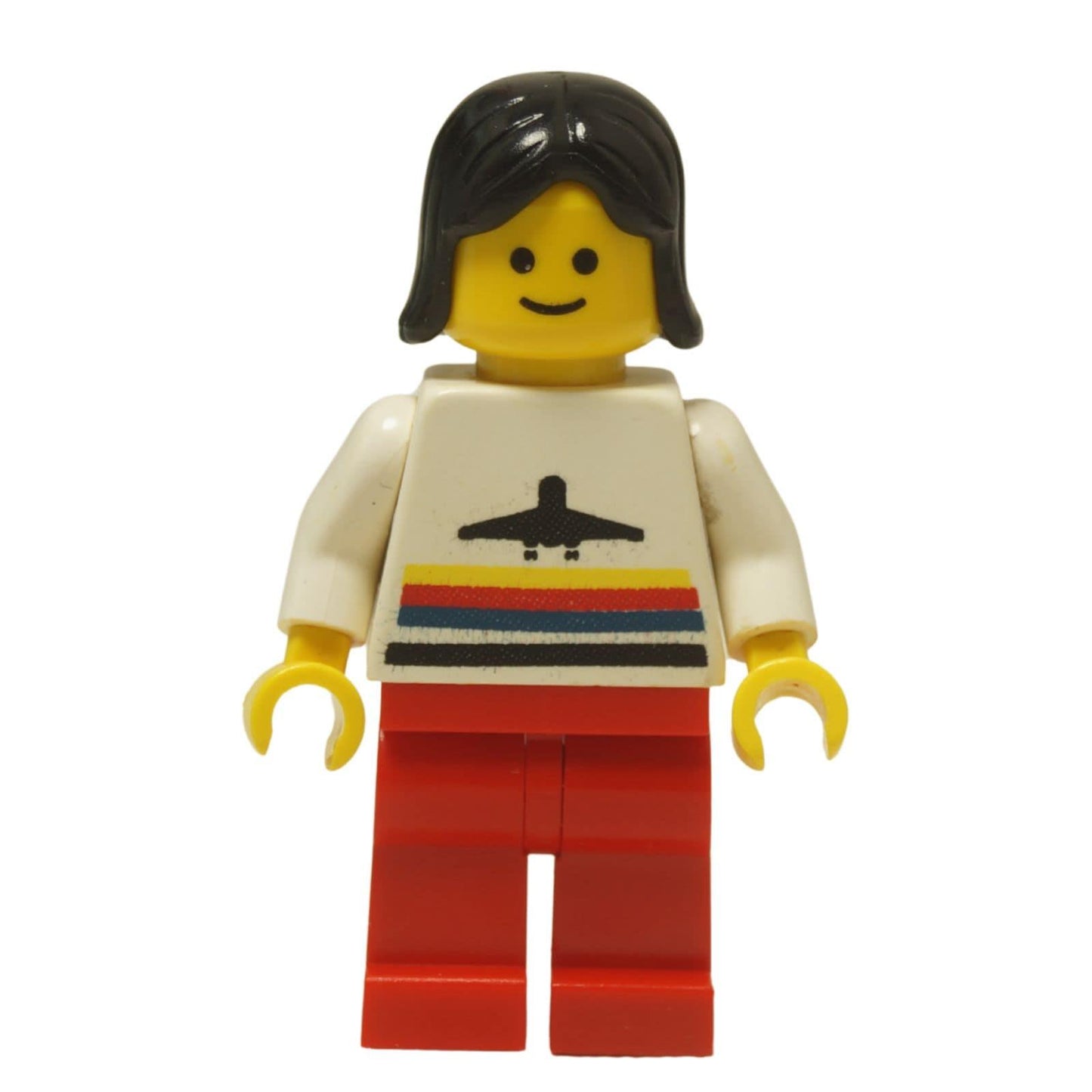 LEGO® Classic Airport female worker minifigure (air011) with the iconic striped airplane logo shirt and black hair. Front profile view.