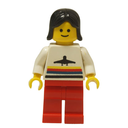 LEGO® Classic Airport female worker minifigure (air011) with the iconic striped airplane logo shirt and black hair. Front profile view.