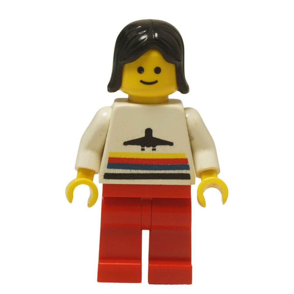 LEGO® Classic Airport female worker minifigure (air011) with the iconic striped airplane logo shirt and black hair. Front profile view.