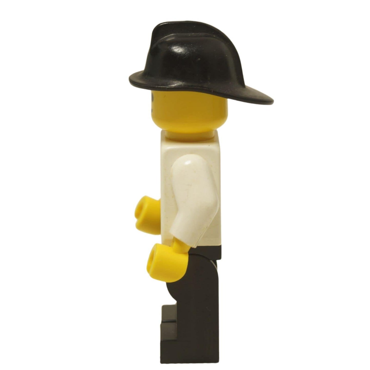 LEGO® Classic Airport worker minifigure (air001) with the iconic striped airplane logo shirt and a black helmet. Side view.
