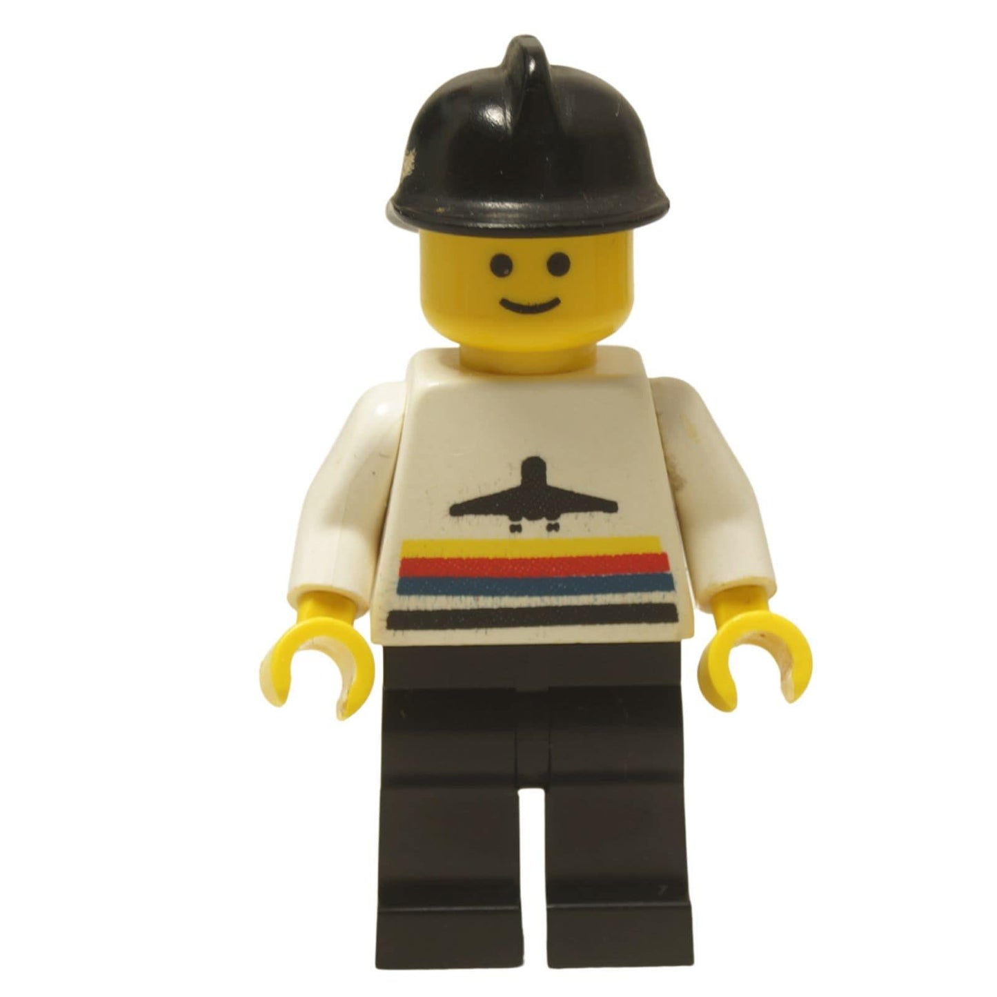LEGO® Classic Airport worker minifigure (air001) with the iconic striped airplane logo shirt and a black helmet. Front profile view.
