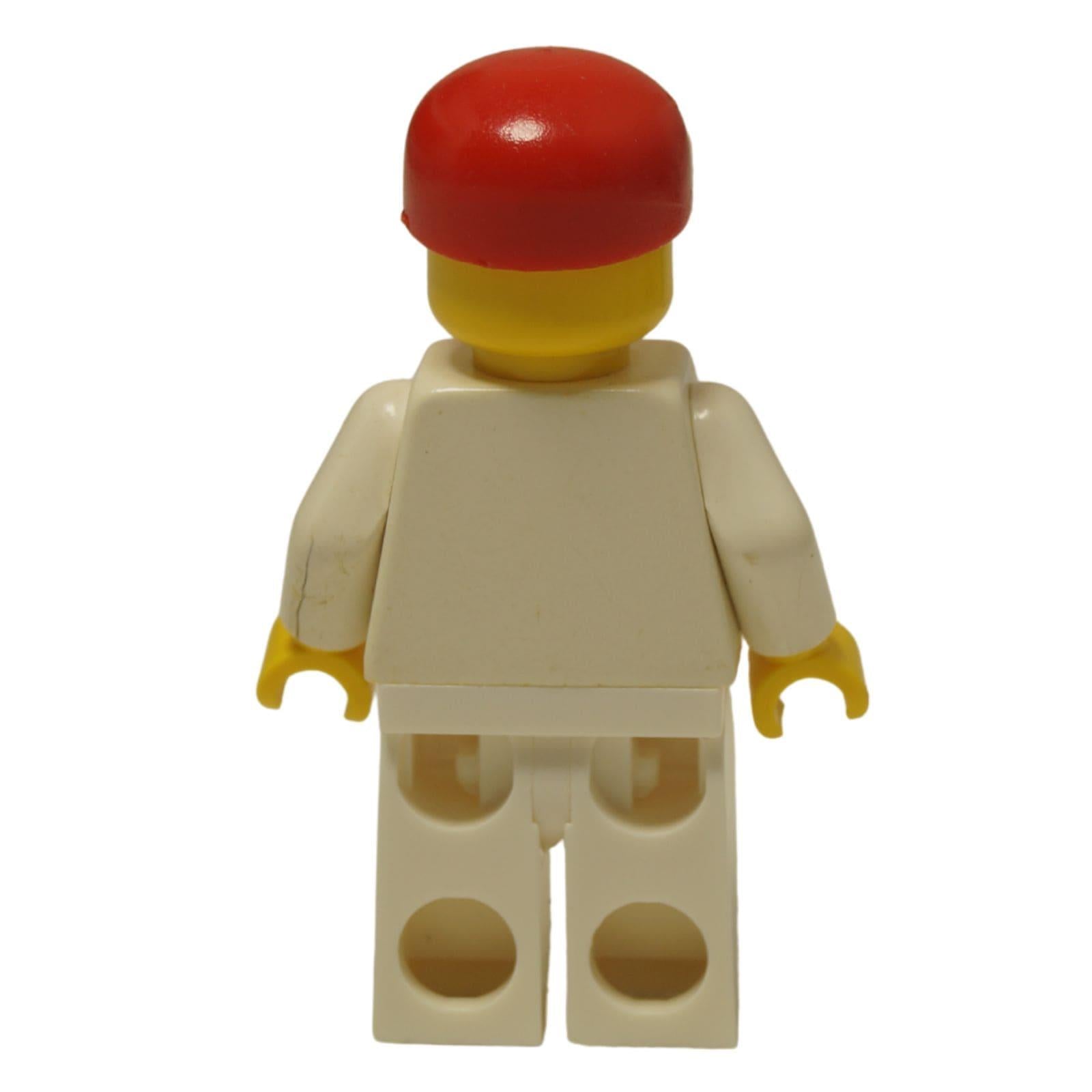 LEGO® Classic Airport worker minifigure (air003) with the iconic striped airplane logo shirt and a red cap. Back view.