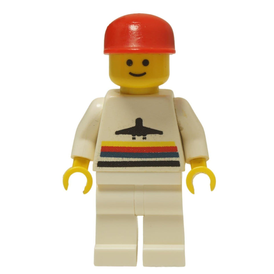 LEGO® Classic Airport worker minifigure (air003) with the iconic striped airplane logo shirt and a red cap.
