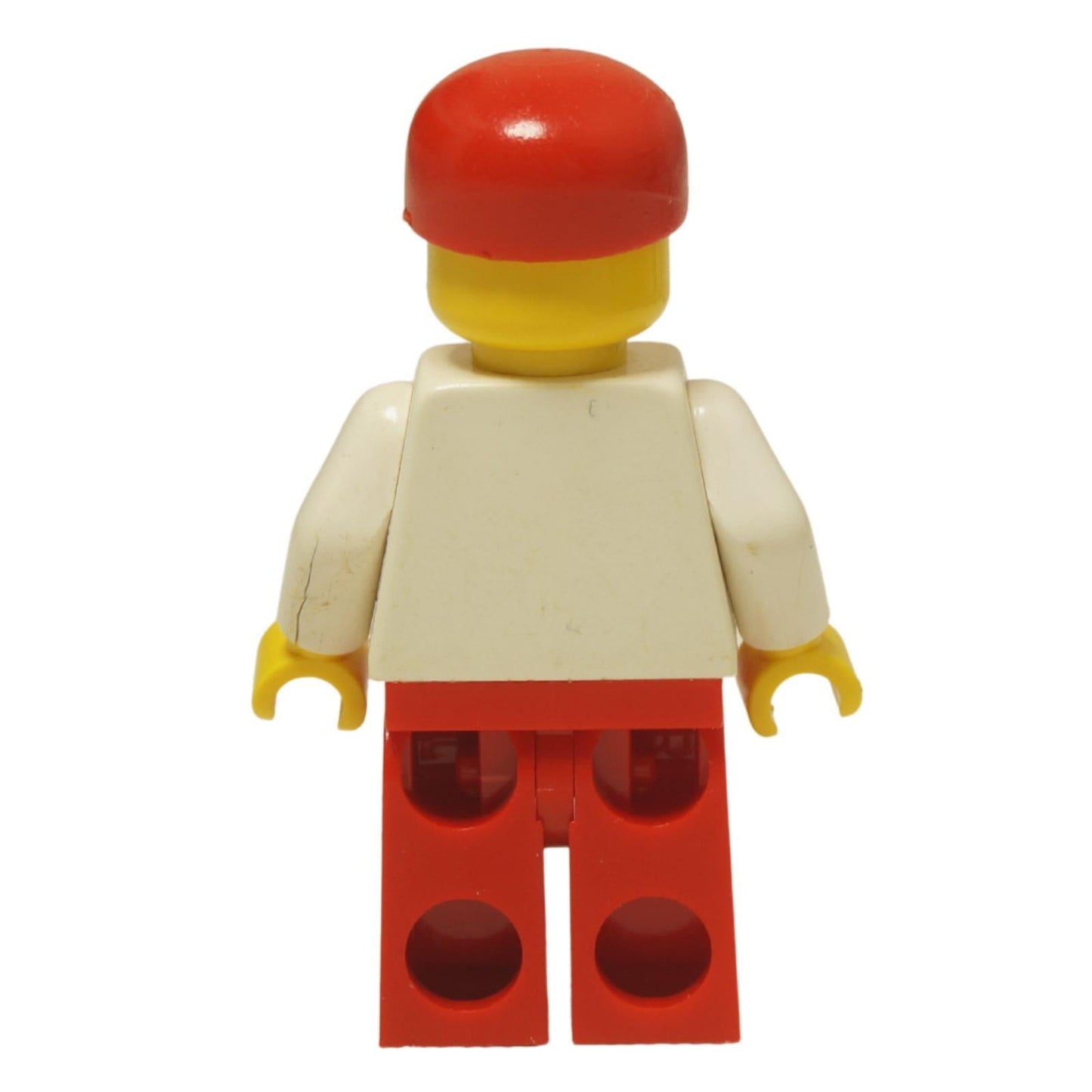 LEGO® Classic Airport worker minifigure (air004) with the iconic striped airplane logo shirt, red legs, and a red cap. Back view.