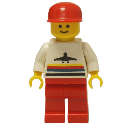 LEGO® Classic Airport worker minifigure (air004) with the iconic striped airplane logo shirt, red legs, and a red cap. Front view.