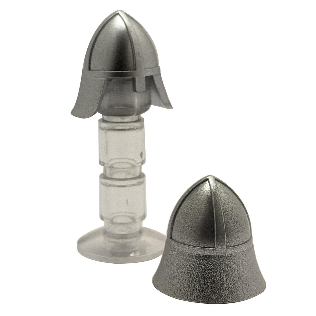 LEGO® classic Castle helmet (3844) in flat silver, featuring a single eye slit and an integrated neck protector.