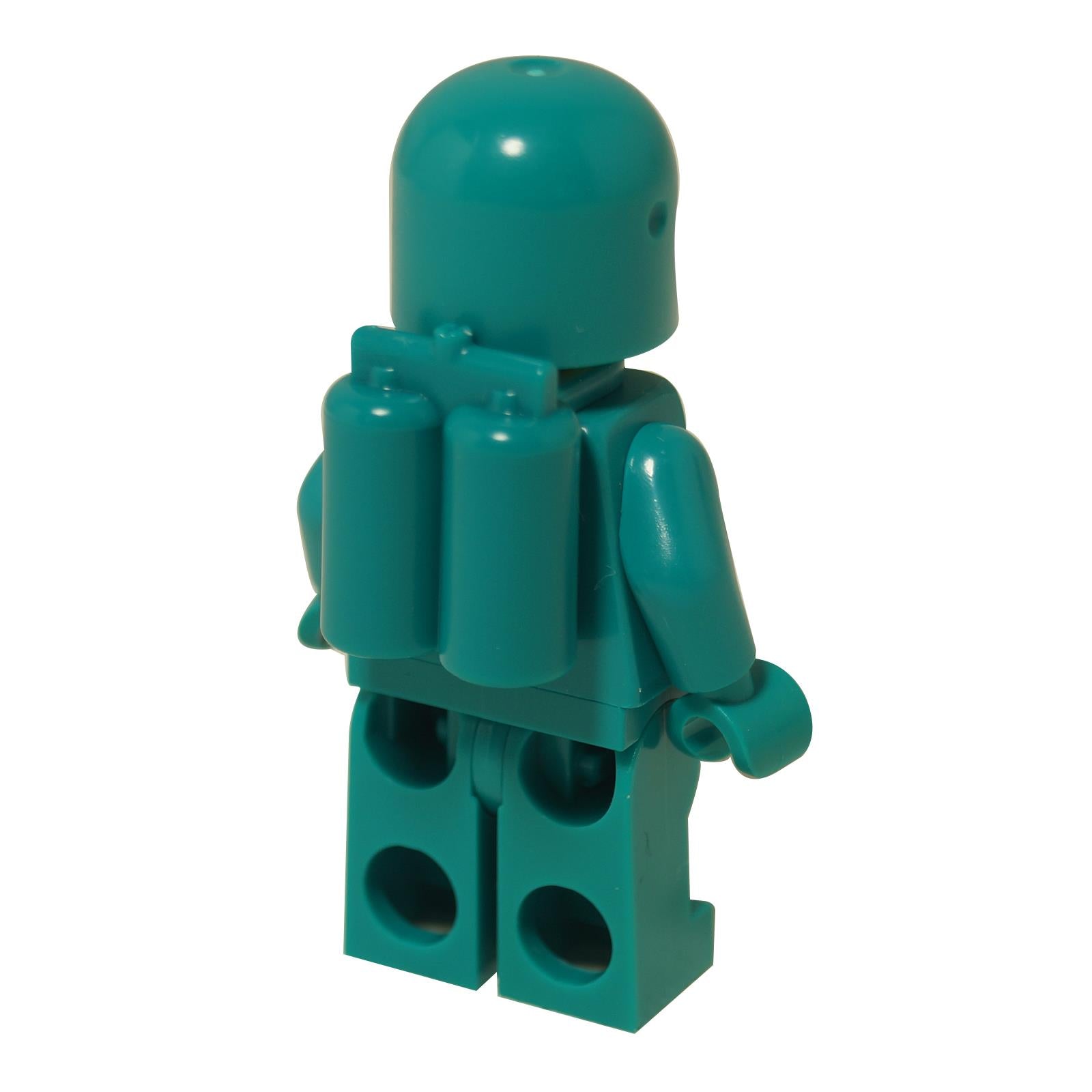 LEGO® Classic Space astronaut minifigure in dark turquoise with vintage space logo, classic helmet and matching suit, back profile view
