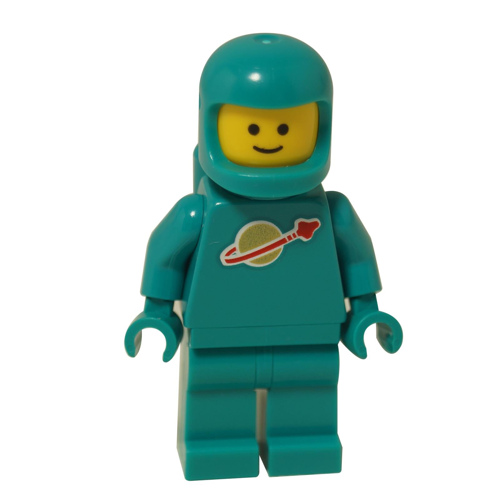 The LEGO Classic Space astronaut minifigure (idea227) in a dark turquoise suit with the classic space logo, helmet, and air tanks.
