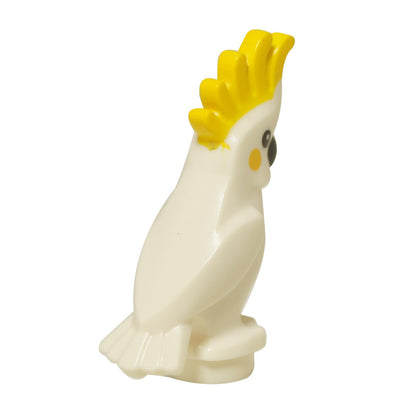 LEGO® white cockatoo parrot with yellow crest, side view showing body profile and feathered tail