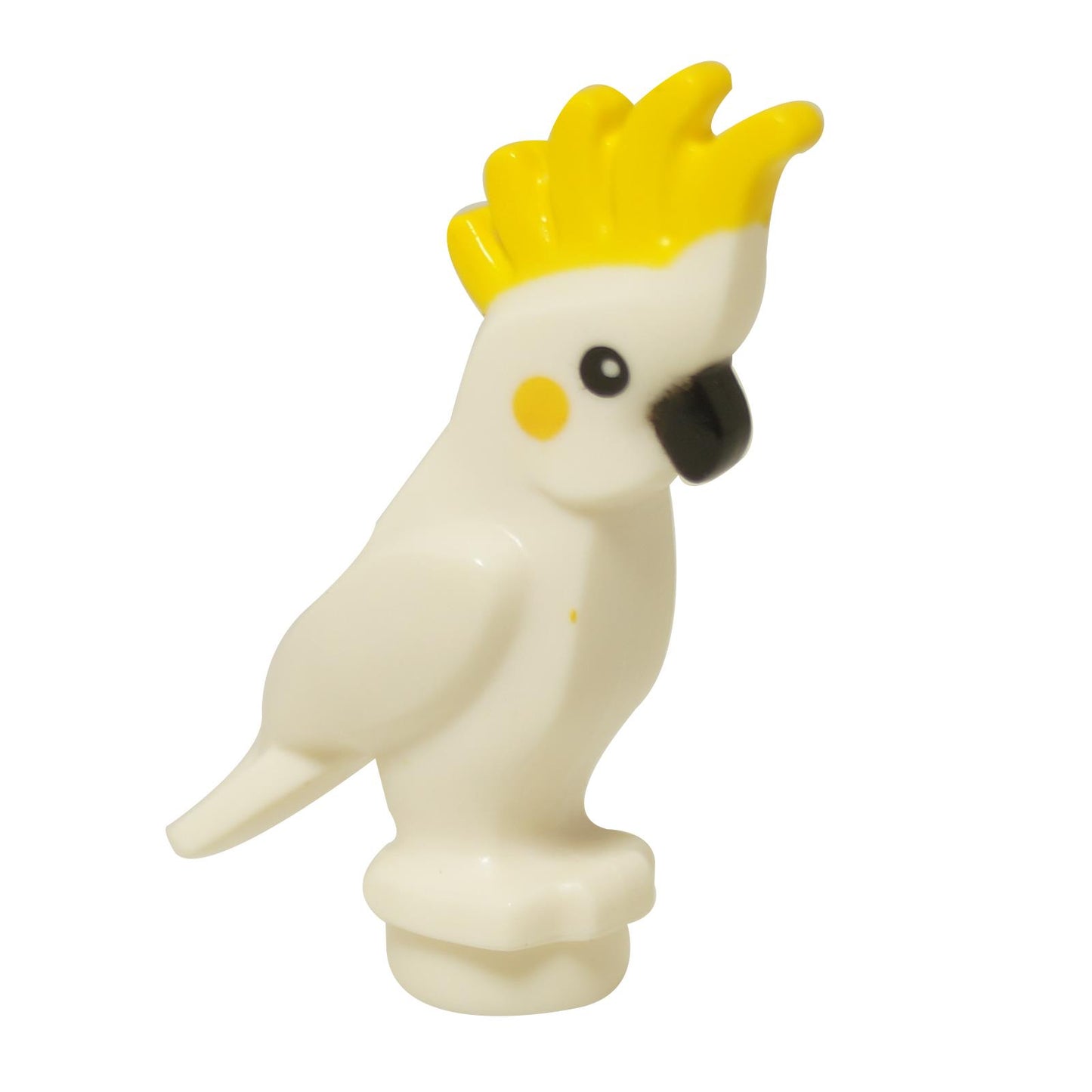 LEGO® white cockatoo parrot with yellow crest, front view showing beak, eyes, and raised feather detail