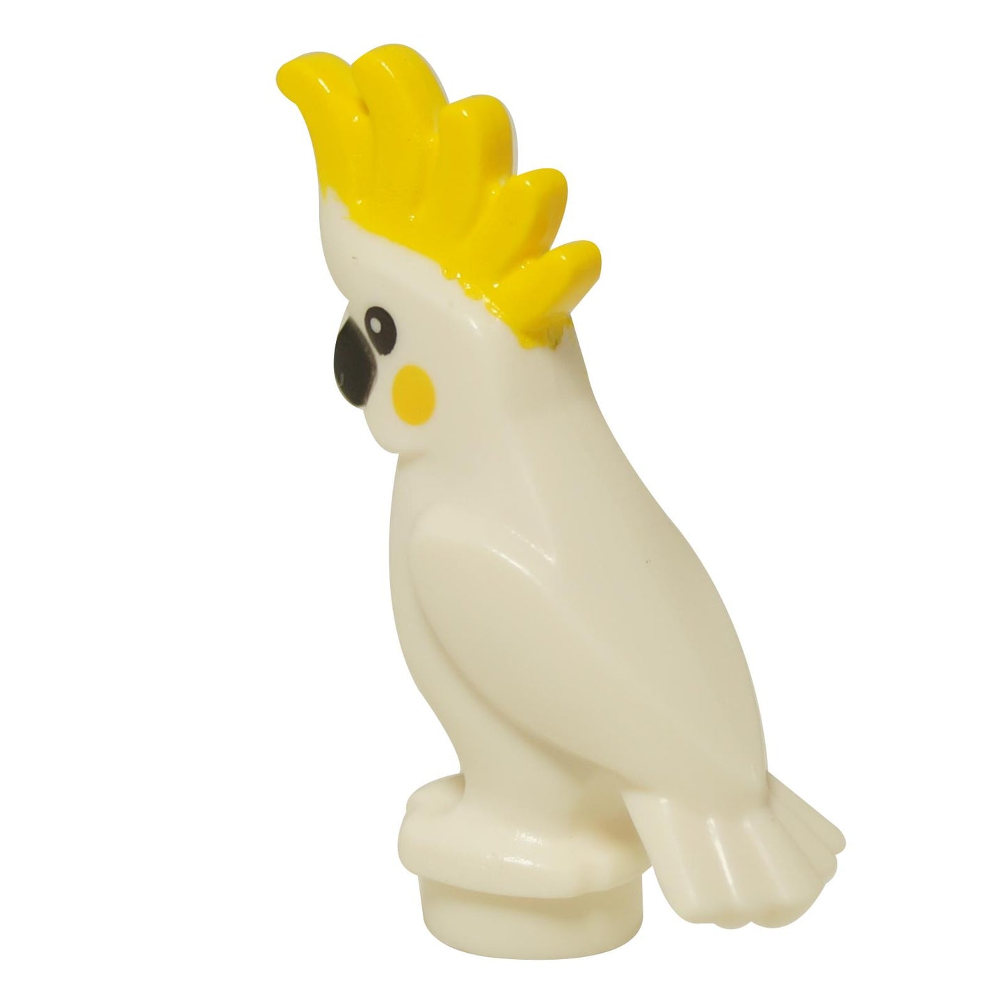 LEGO® white cockatoo parrot with yellow crest, rear view showing tail feathers and molded back detail