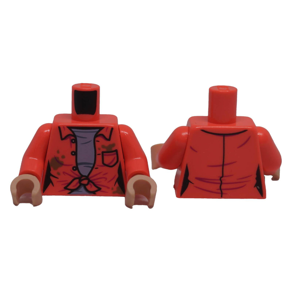 LEGO coral open shirt minifigure torso with dirt pattern, shown from front and back