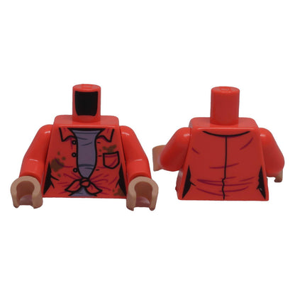 LEGO coral open shirt minifigure torso with dirt pattern, shown from front and back