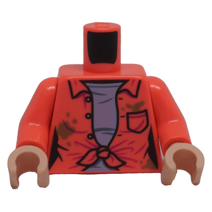 LEGO coral open shirt torso with tied waist, pocket and printed dirt marks, front view