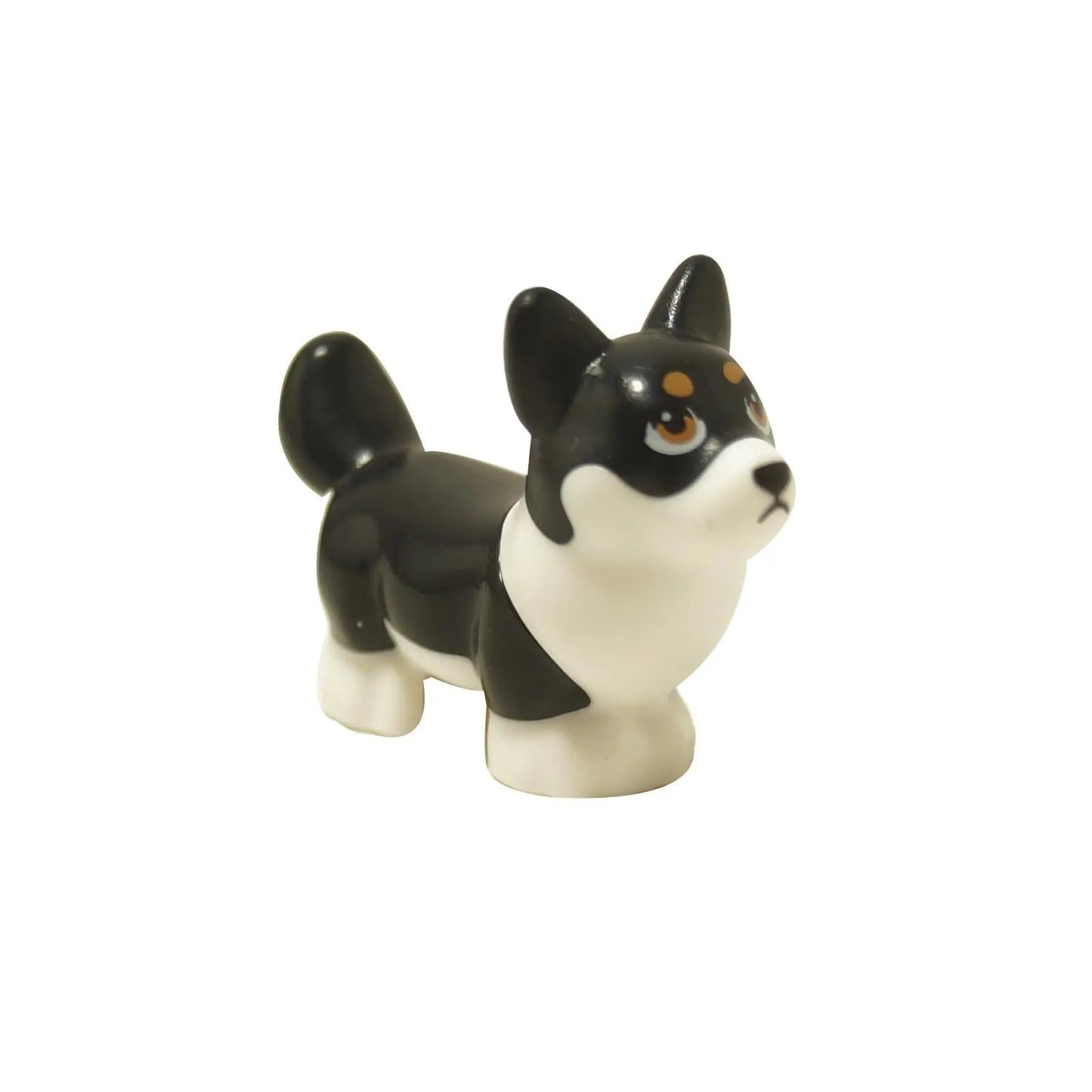 La figurine de chien Corgi LEGO Friends "Peaches" (109845pb01) en noir et blanc avec des taches de sourcils en nougat mignon et une expression curieuse.