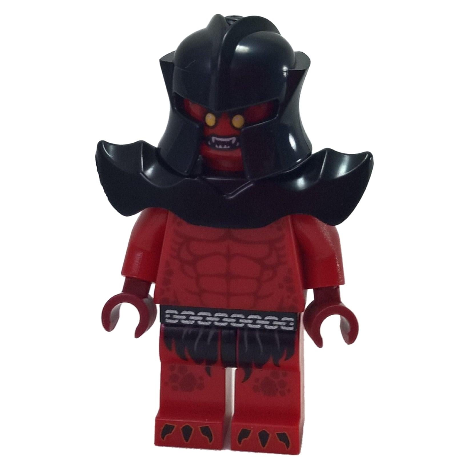 LEGO Nexo Knights Crust Smasher minifigure nex012 with red skin, black shoulder pads, and helmet.