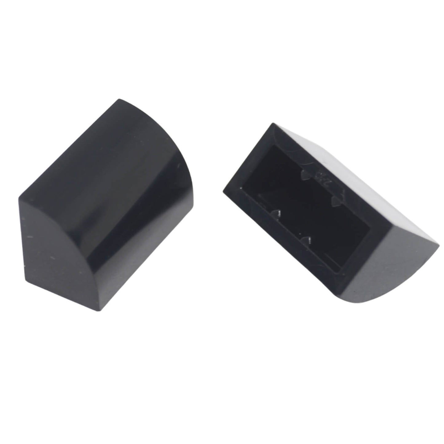 LEGO® Curved 1 x 2 slope with bottom stud holder in black, smooth curved piece for detailed shaping.

