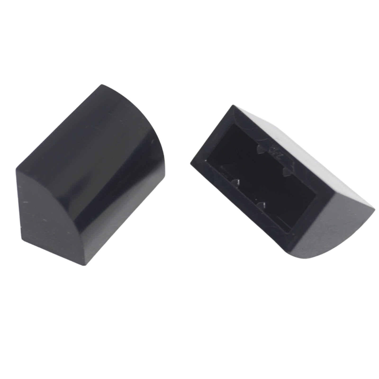 LEGO® Curved 1 x 2 slope with bottom stud holder in black, smooth curved piece for detailed shaping.

