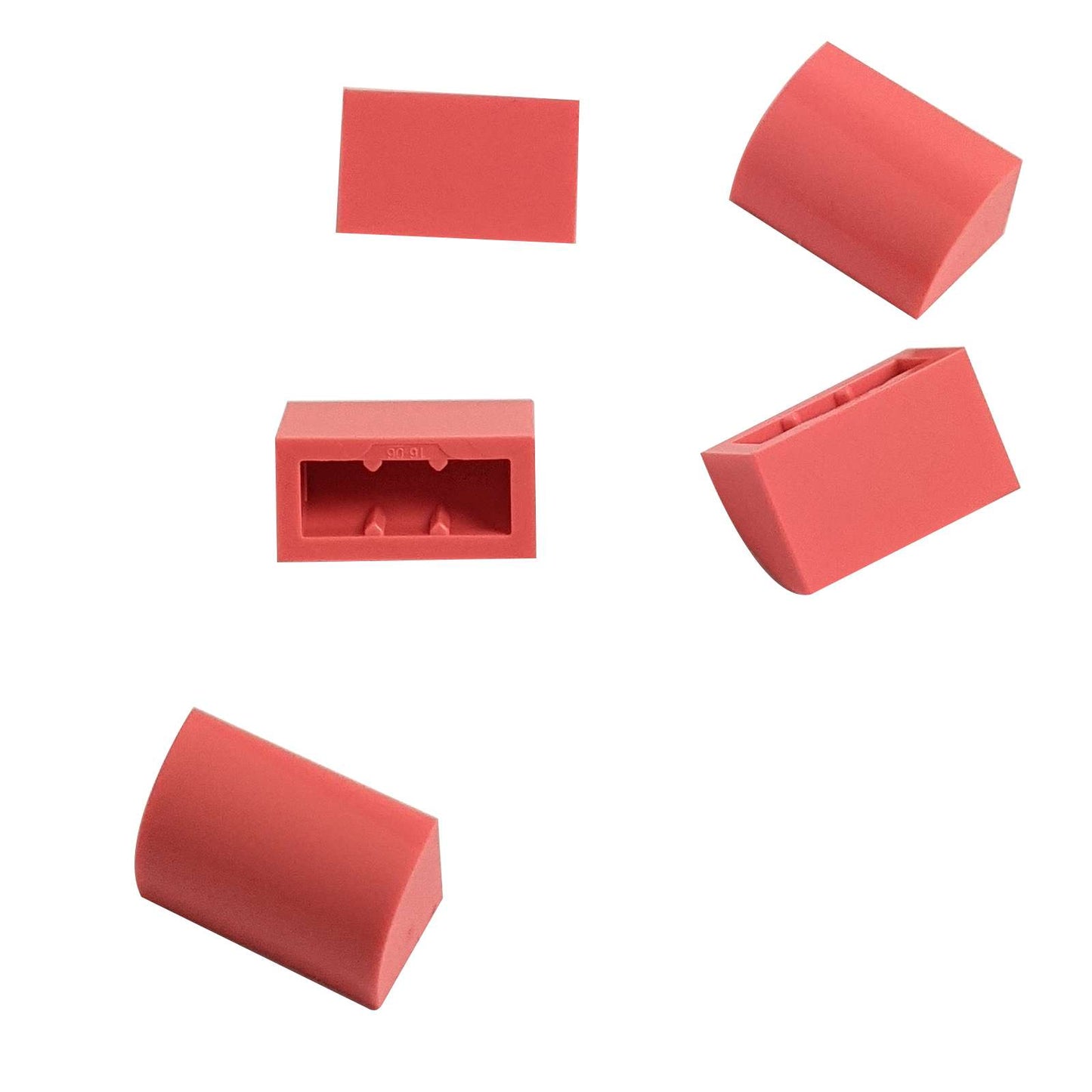 LEGO® Curved 1 x 2 slope with bottom stud holder in coral, smooth curved piece for detailed shaping.
