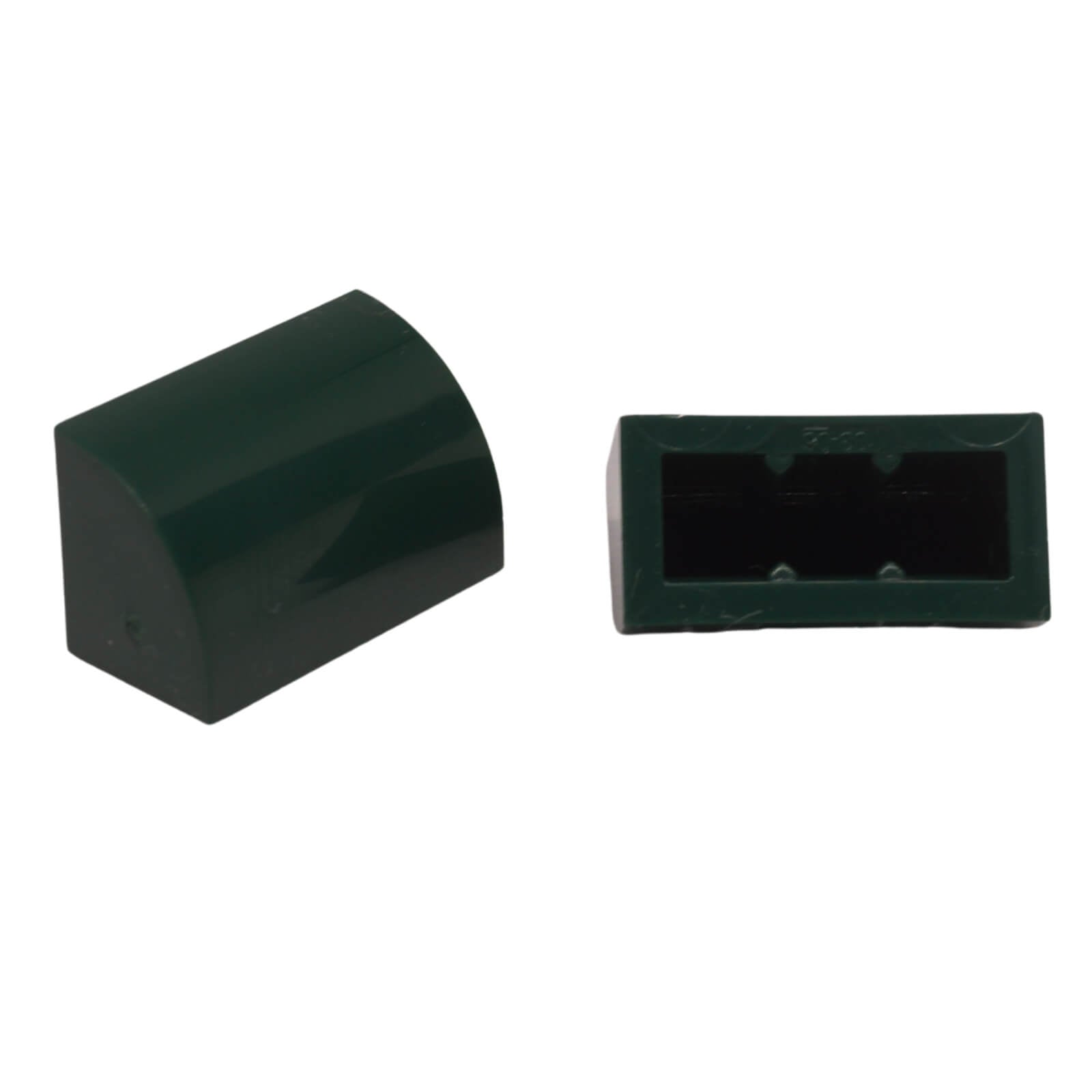 LEGO® Curved 1 x 2 slope with bottom stud holder in dark green, smooth curved piece for detailed shaping.
