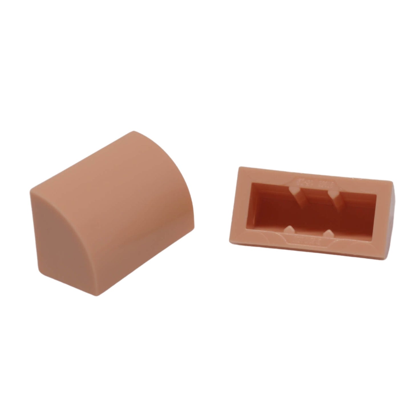LEGO® Curved 1 x 2 slope with bottom stud holder in light nougat, smooth curved piece for detailed shaping.
