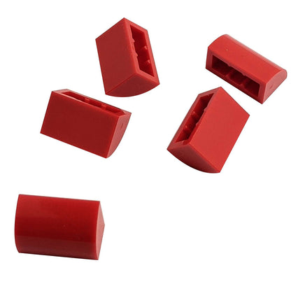 LEGO® Curved 1 x 2 slope with bottom stud holder in red, smooth curved piece for detailed shaping.
