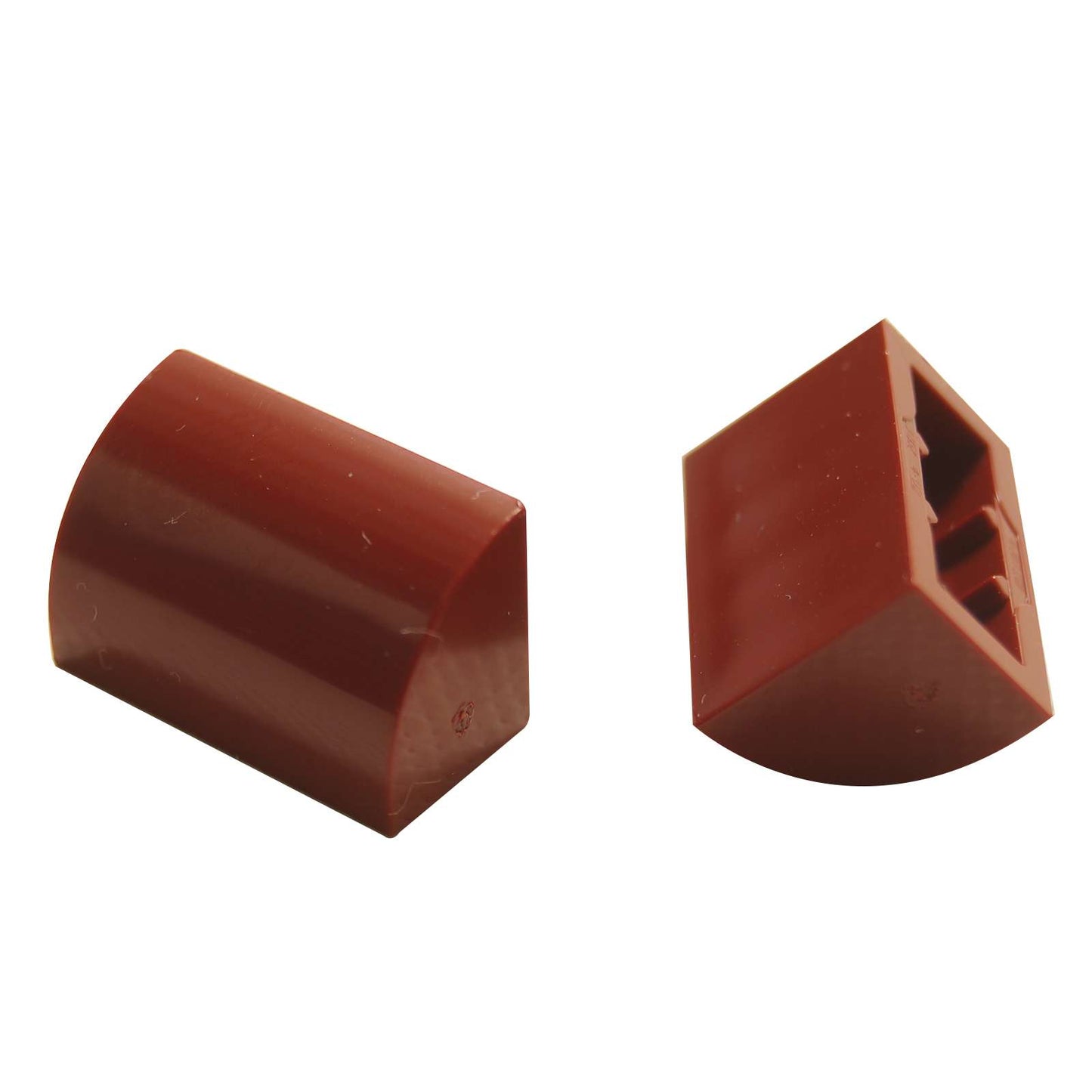 LEGO® Curved 1 x 2 slope with bottom stud holder in reddish brown, smooth curved piece for detailed shaping.
