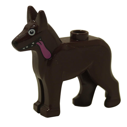 LEGO Dante the Alsatian Dog with white cartoon eyes and a pink tongue pattern, in dark brown color.