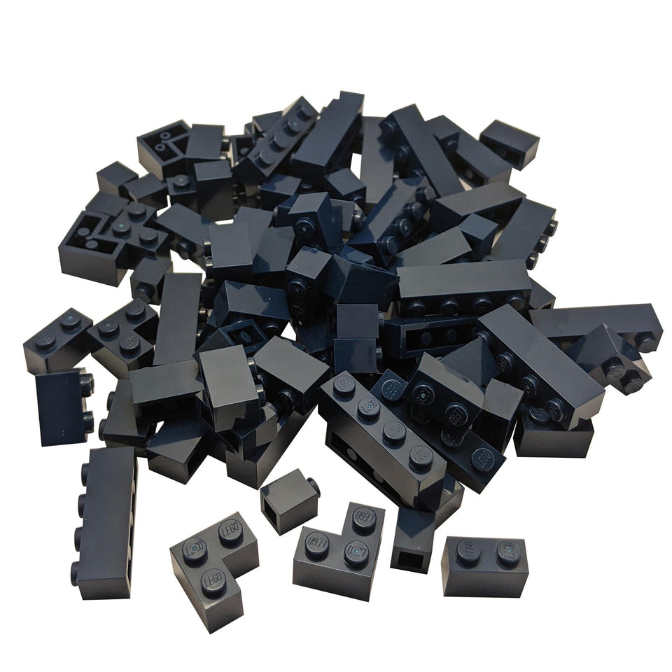 A large pile of 100 brand new, genuine LEGO® dark blue bricks, featuring a mix of 1x1, 1x2, 1x3, 1x4, and corner pieces.